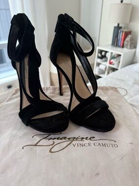 Vince Camuto Black Suede High Heel Ankle-Strap Sandals